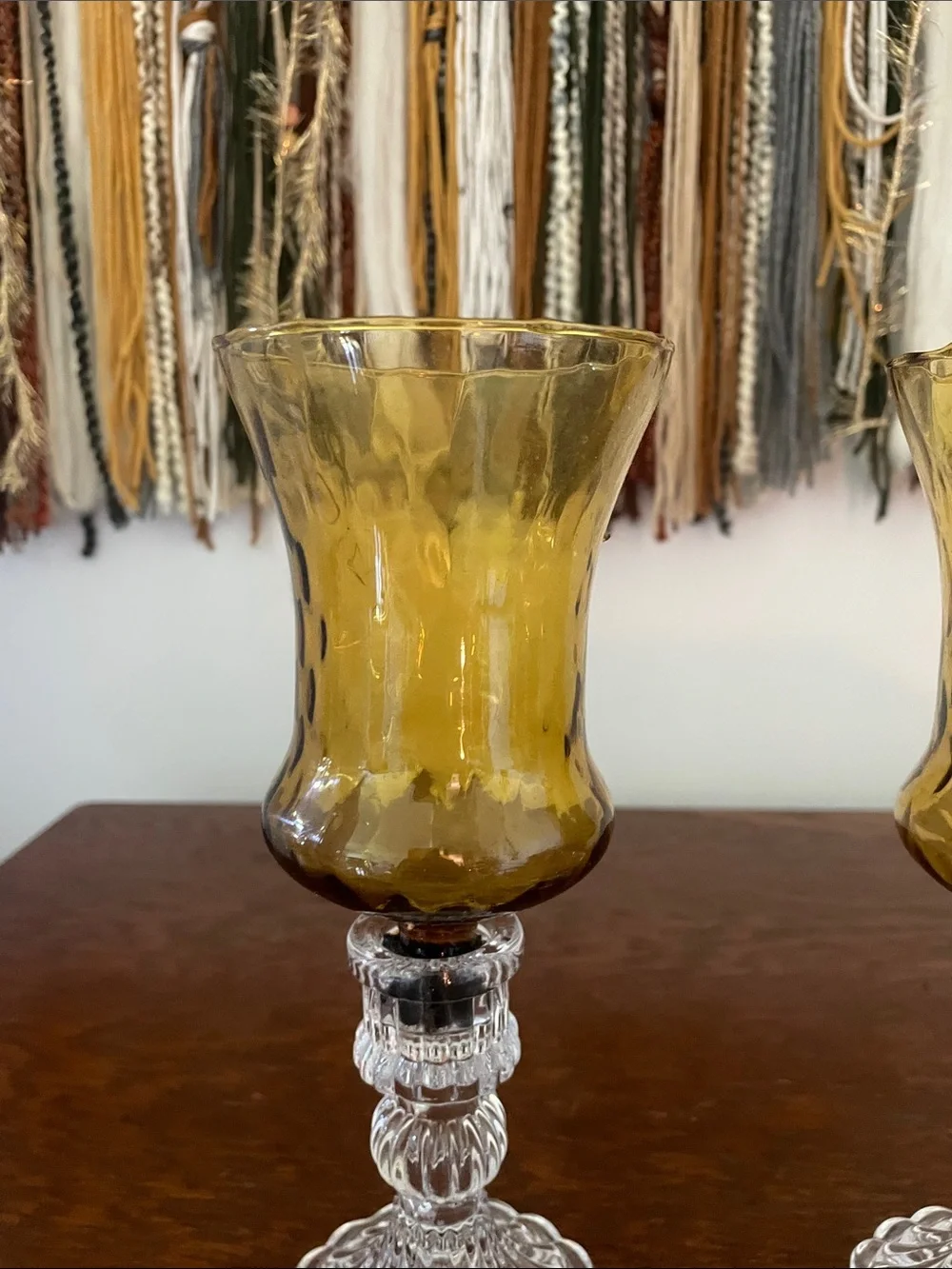 Amber Glass votives with Clear Crystal Stems - Pair